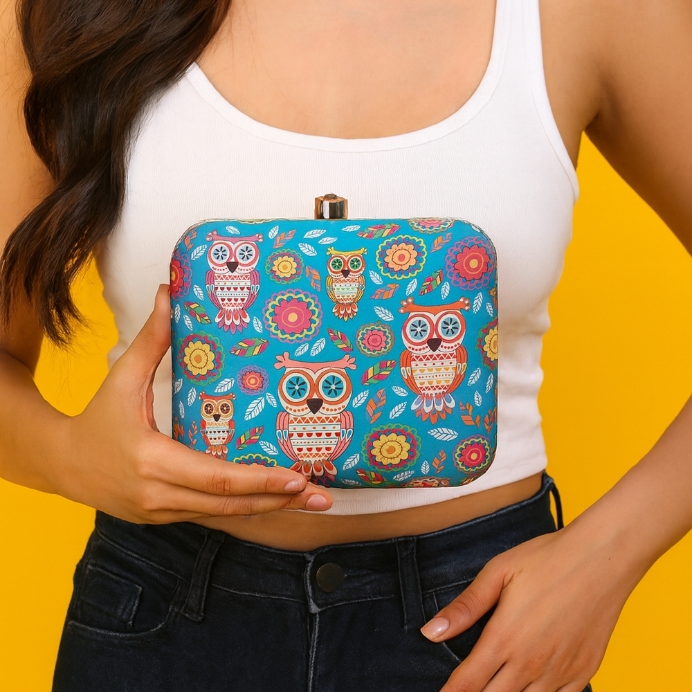 Handcrafted Colorful Owl Print Clutch 7"X5"